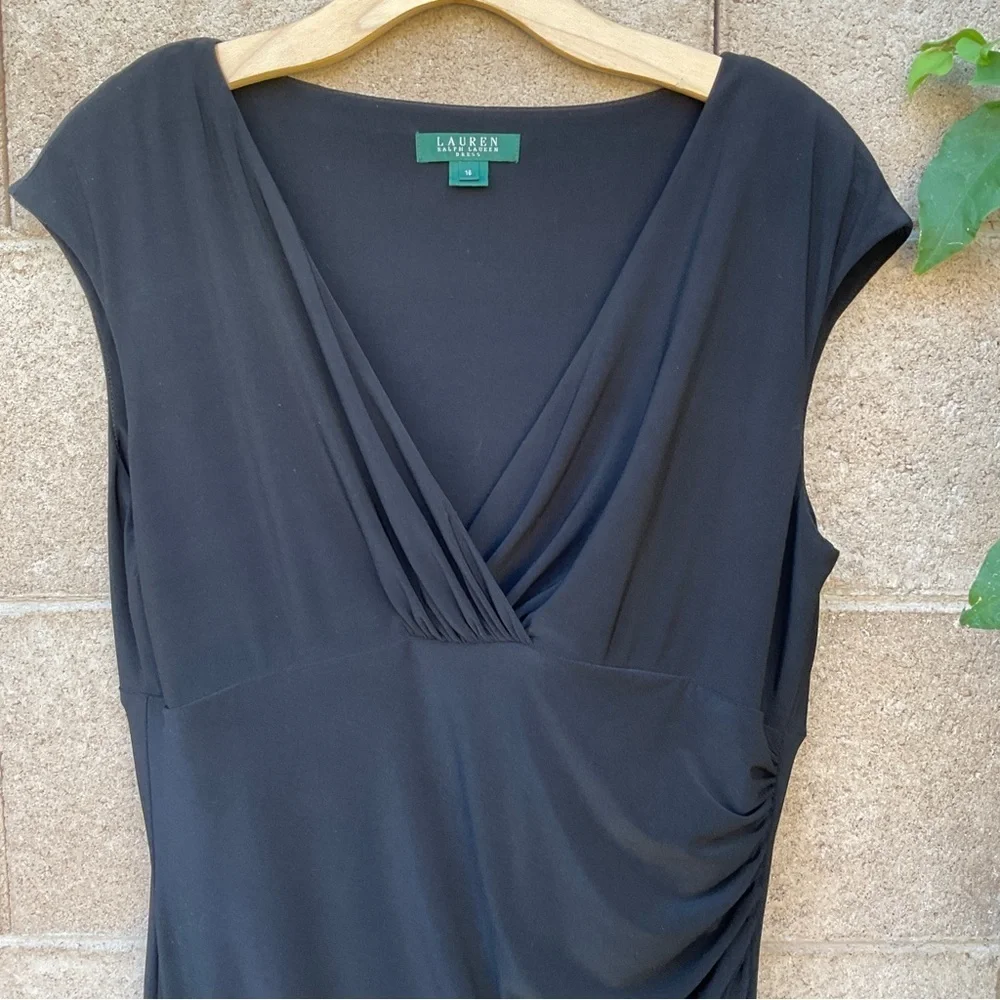 EUC Ralph Lauren Faux-Wrap Jersey Midi Sheath Dress Black Empire Size 12 Party